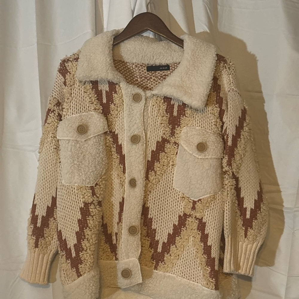 Cozy Chevron Knit Jacket with Sherpa Collar